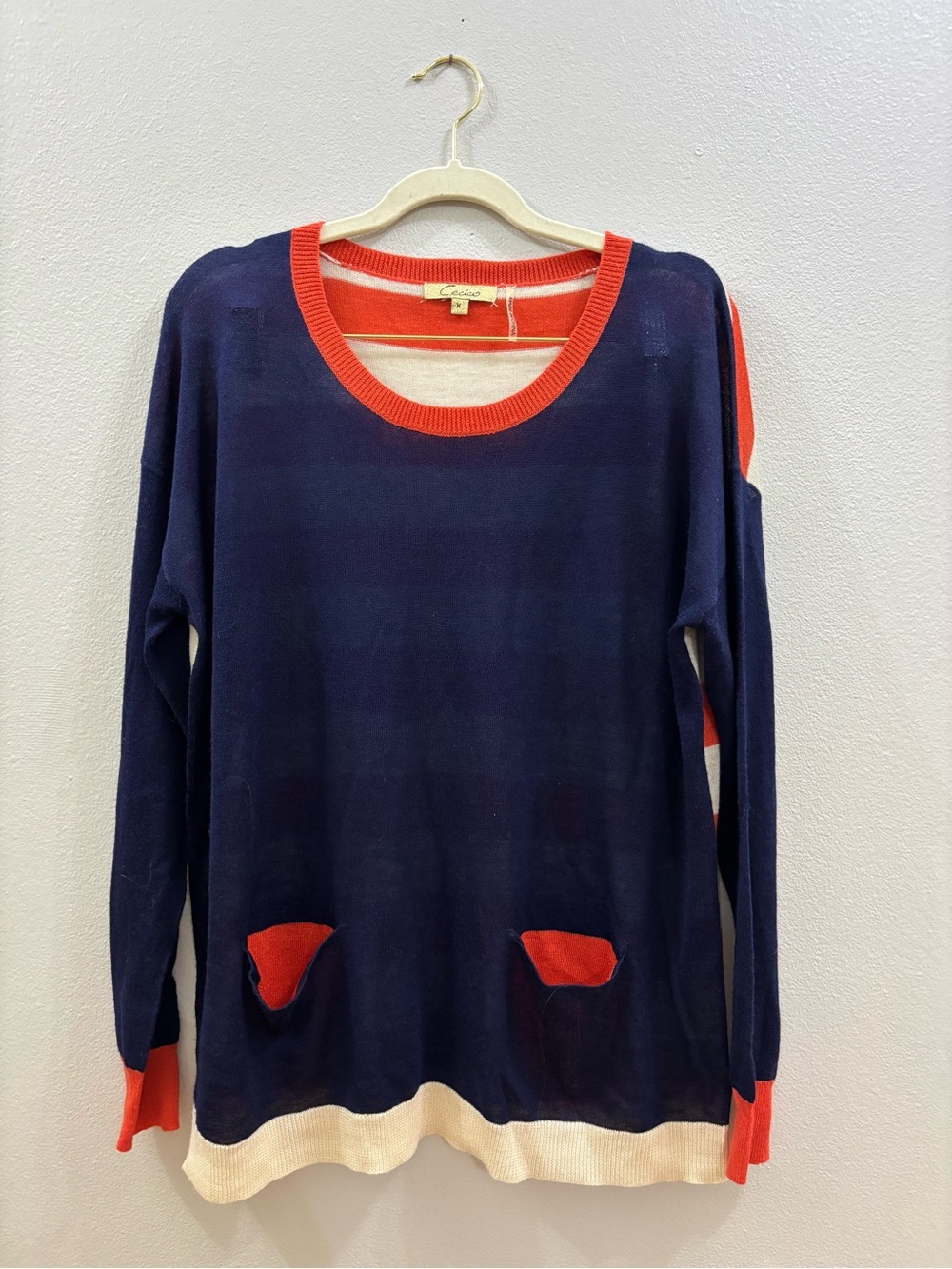 Cecico Navy and orange Women's Crewneck Sweater with Contrast Trim